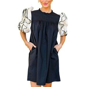 Shop the Mint Black cream cotton ruffle rhumba puff sleeve swing mini dress L